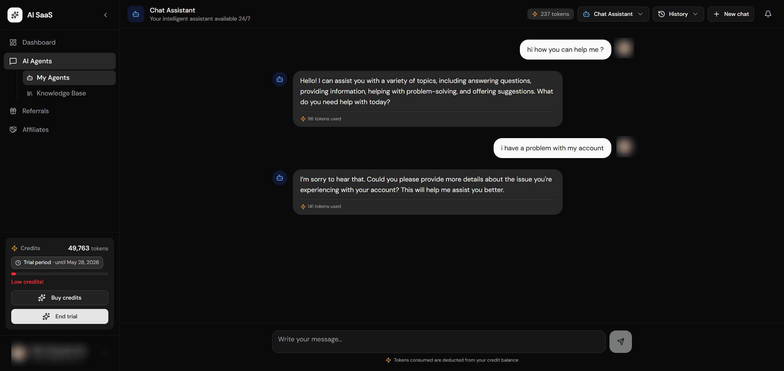 AI agent chat interface with model selector and streaming responses